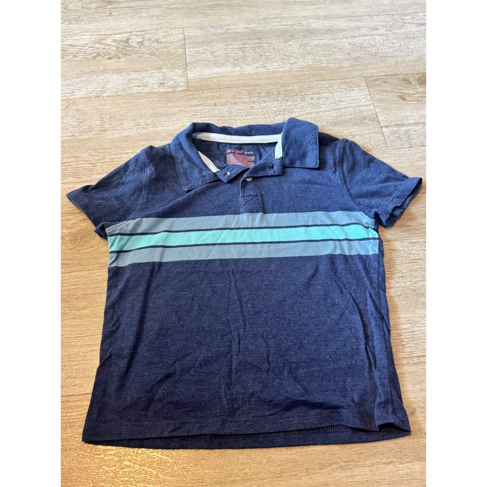 Cat & Jack Boys Navy Blue Striped Short Sleeve Polo Shirt XS 4/5
